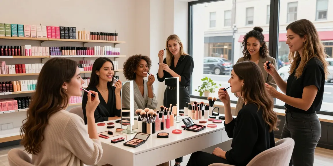 Women exploring wholesale makeup products in a vibrant beauty studio, showcasing diversity and joy.