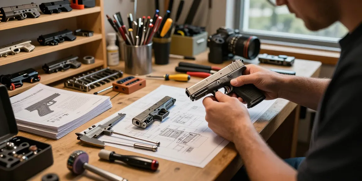 Custom Glock slides from https://precisionglockslides.com showcased in a dynamic workshop setting, highlighting precision tools and craftsmanship.