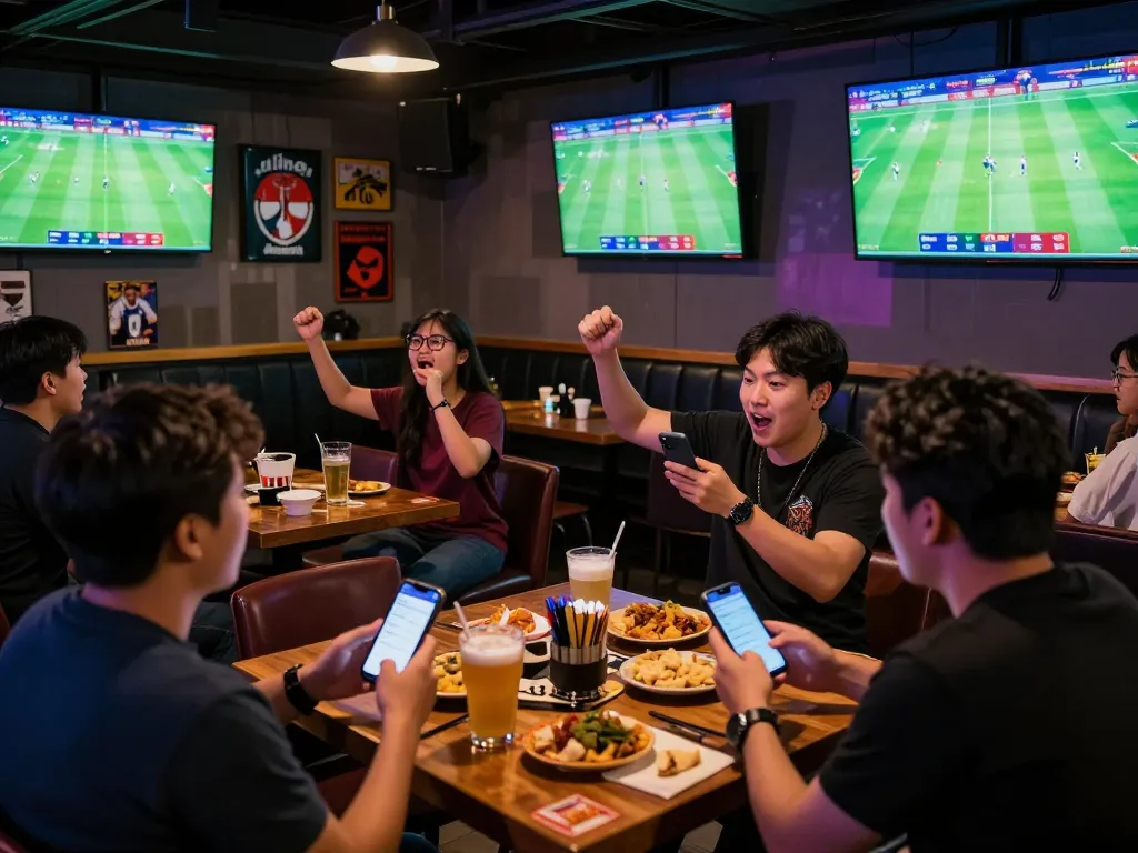 Bongdalu app being used by excited sports bettors in a lively sports bar filled with screens