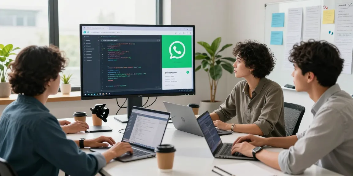 Team collaborating on WhatsApp下載 interface in modern office setting, showcasing technology and teamwork.