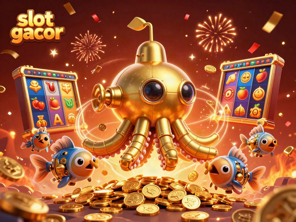 Experience the excitement of slot gacor with a vibrant scene featuring a golden kraken submarine.