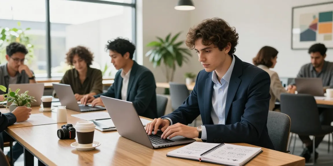 Professional updating online profile to strengh up your portfolio in modern co-working space amidst collaborative colleagues.