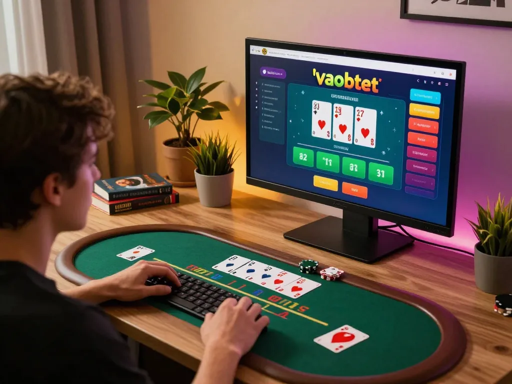 Person strategizing on vaobet while playing blackjack online, showcasing dynamic gaming interface and comfortable environment