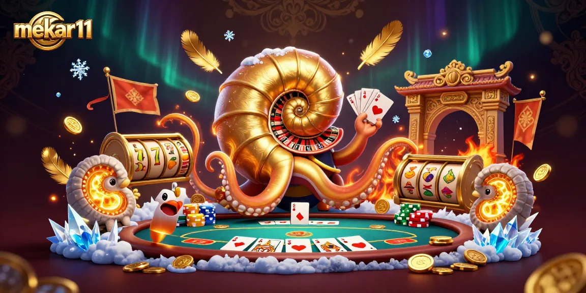 Mekar11 showcases a vibrant 3D casino scene with a giant nautilus roulette character and poker table action.