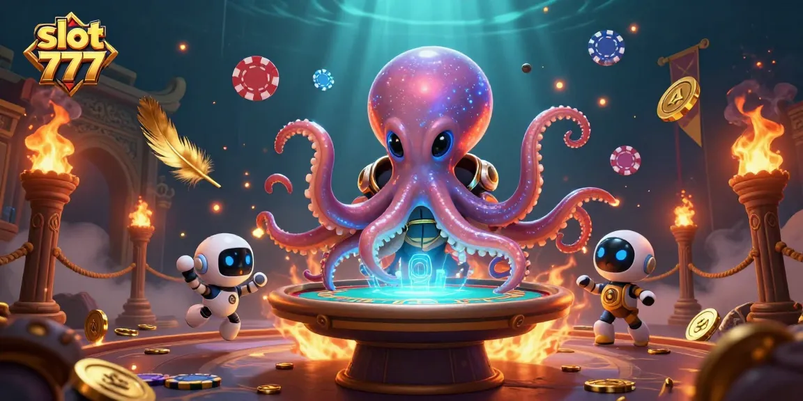 Rasakan pengalaman bermain slot 777 dengan alien dan robot di meja poker holografik yang penuh dengan koin emas.