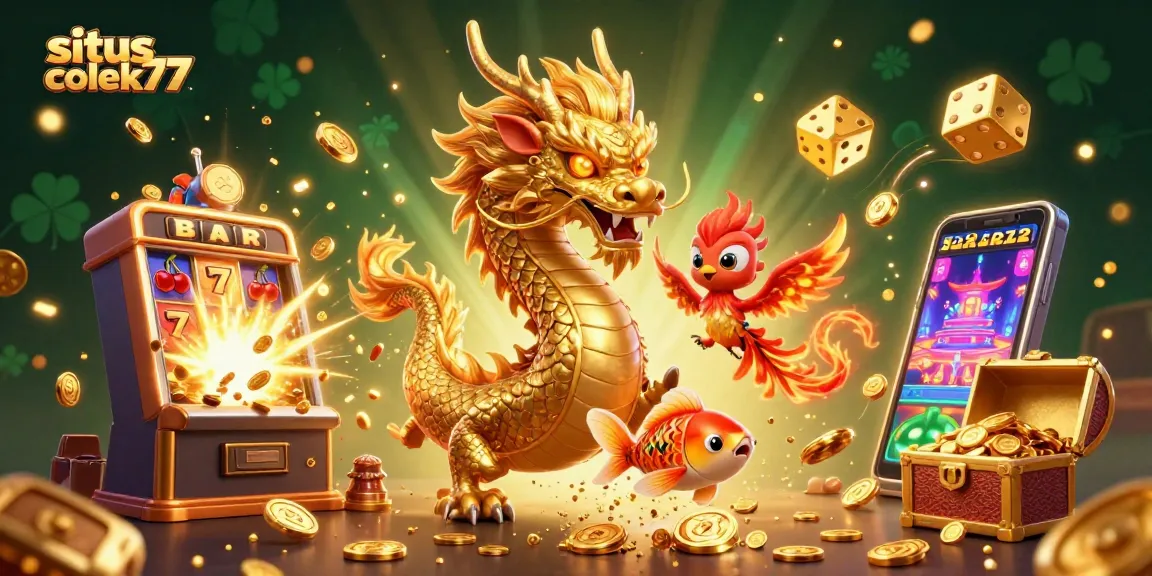Experience thrilling games on situs colek77 with a golden dragon and vibrant slot machines bursting with coins.