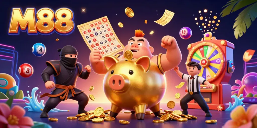 Engage with M88 through a dynamic 3D casino scene featuring vibrant characters and gambling elements.