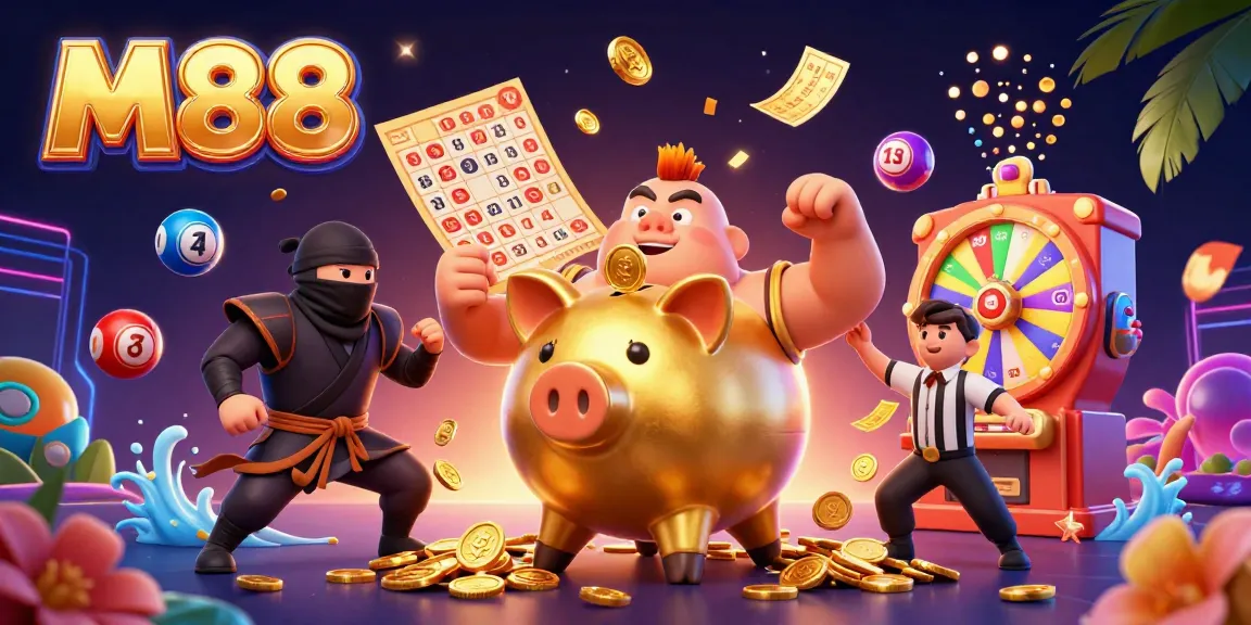 Engage with M88 through a dynamic 3D casino scene featuring vibrant characters and gambling elements.