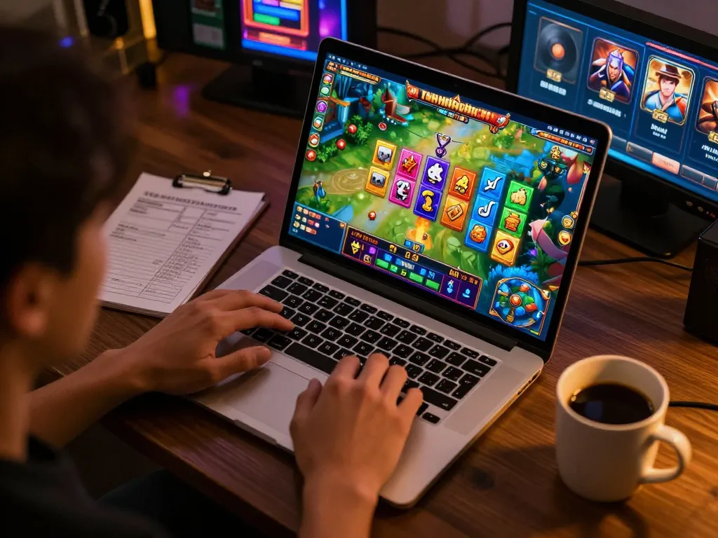 Playing game nổ hũ on a laptop with colorful graphics in a cozy home environment