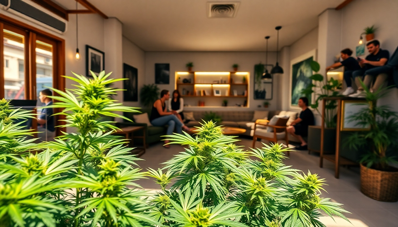 Explore cannabis clubs Lloret de Ma with a cozy, vibrant atmosphere featuring green plants and relaxed patrons.