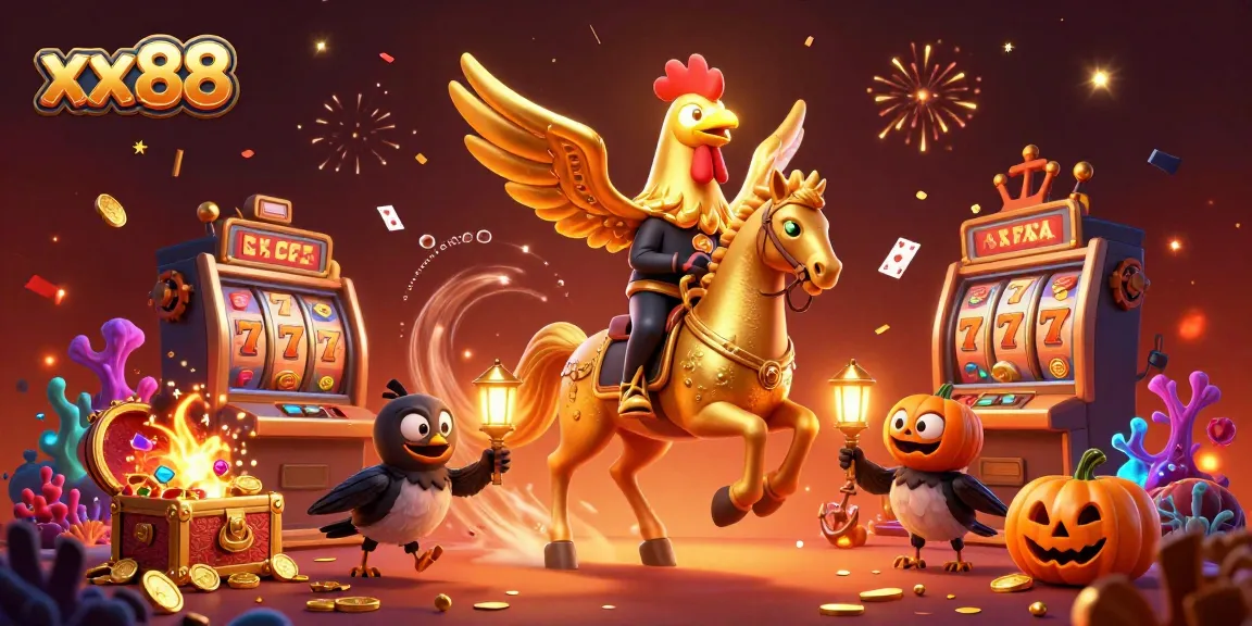 Experience thrilling play with xx88's golden rooster and joyful casino ambiance amidst colorful treasures.
