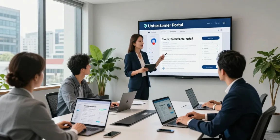 Collaborative team working on the Unternehmer Portal in a modern conference room environment.