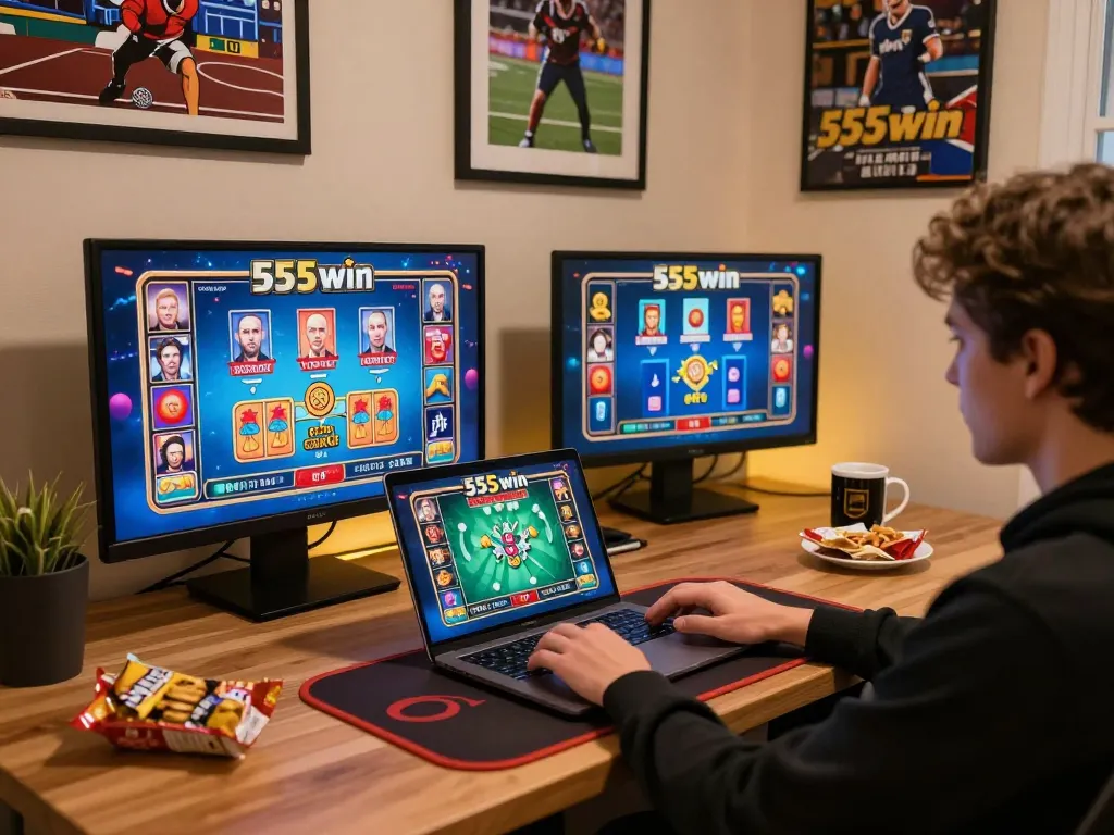 Player engaging in online gambling on 555win with laptop and snacks