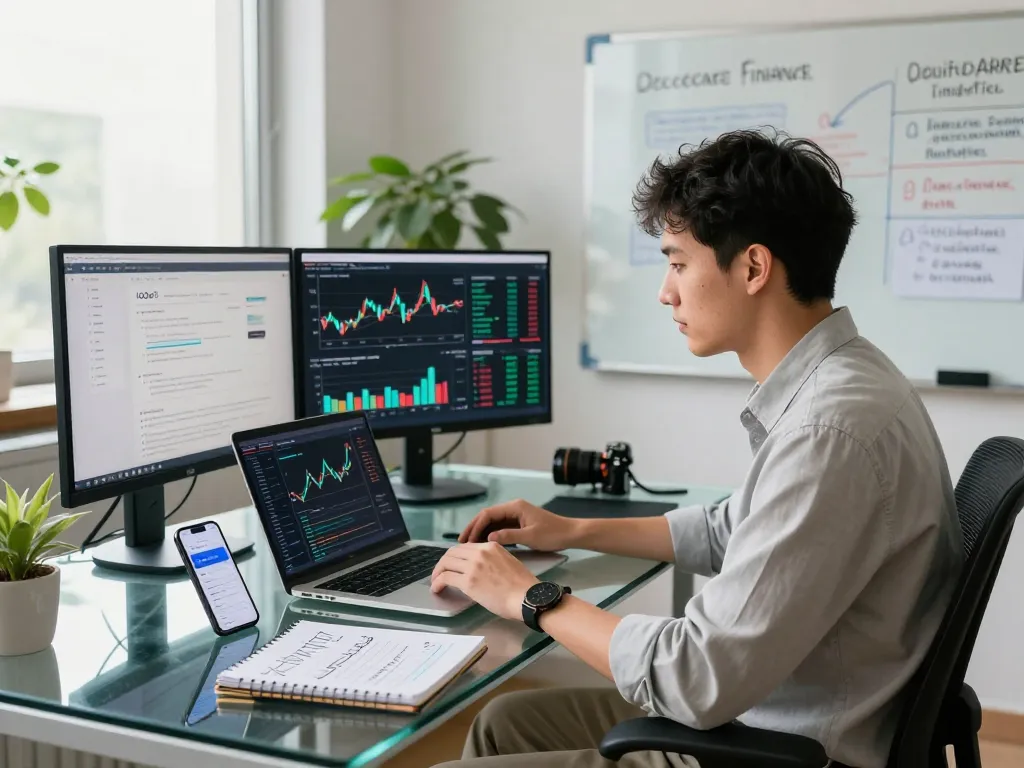 Professional in a modern workspace analyzing cryptocurrency on the IODeFi official website.