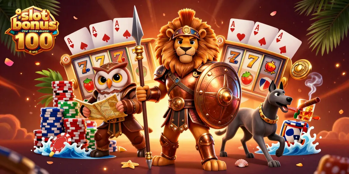 Bonus slot anggota baru 100 di awal menggambarkan singa Spartan berani dikelilingi chip poker dan gulungan slot.