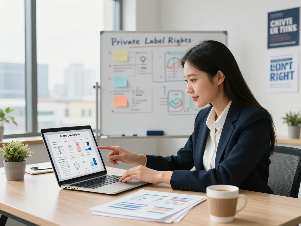 Buy Private Label Rights Products in a modern office setting with a professional reviewing digital catalogs.