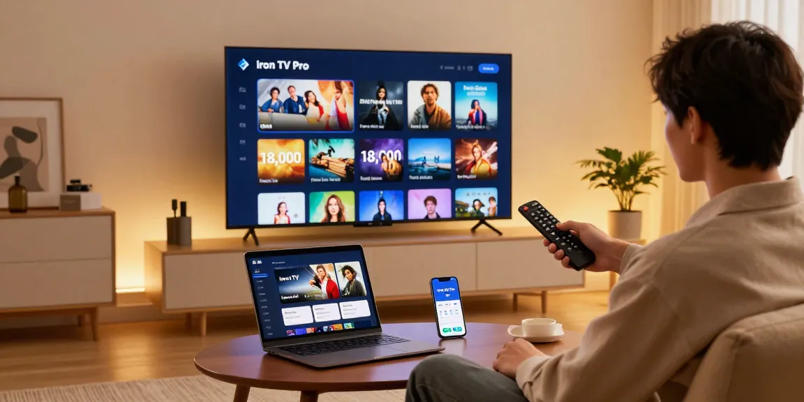 Experience Iron TV Pro on Smart TV with an engaging lifestyle scene showcasing streaming options and cozy home atmosphere.
