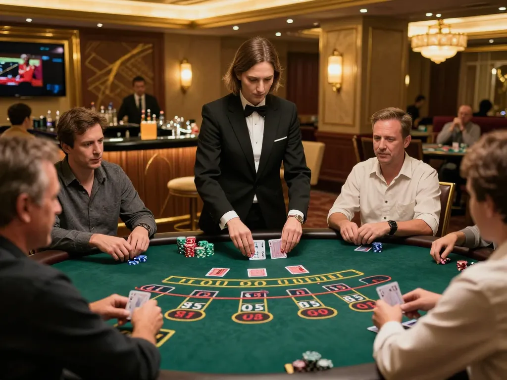 g28 players strategizing over blackjack table in a vibrant casino atmosphere