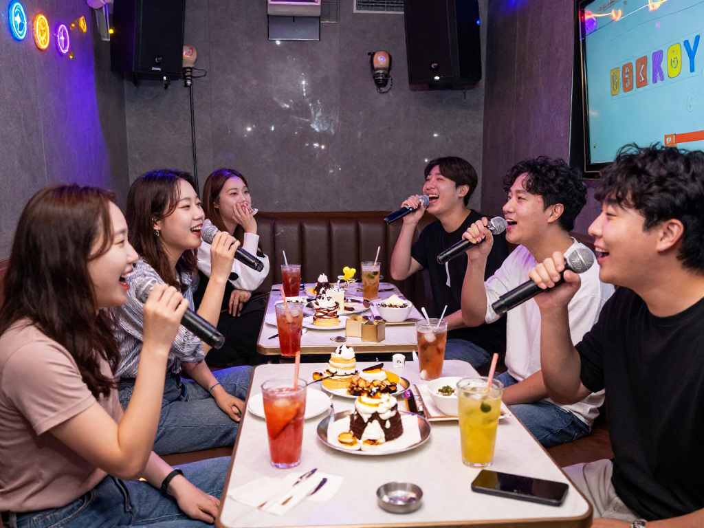 강남 디저트에서 친구들과 함께 노래 부르며 다양한 디저트를 즐기는 즐거운 모습
