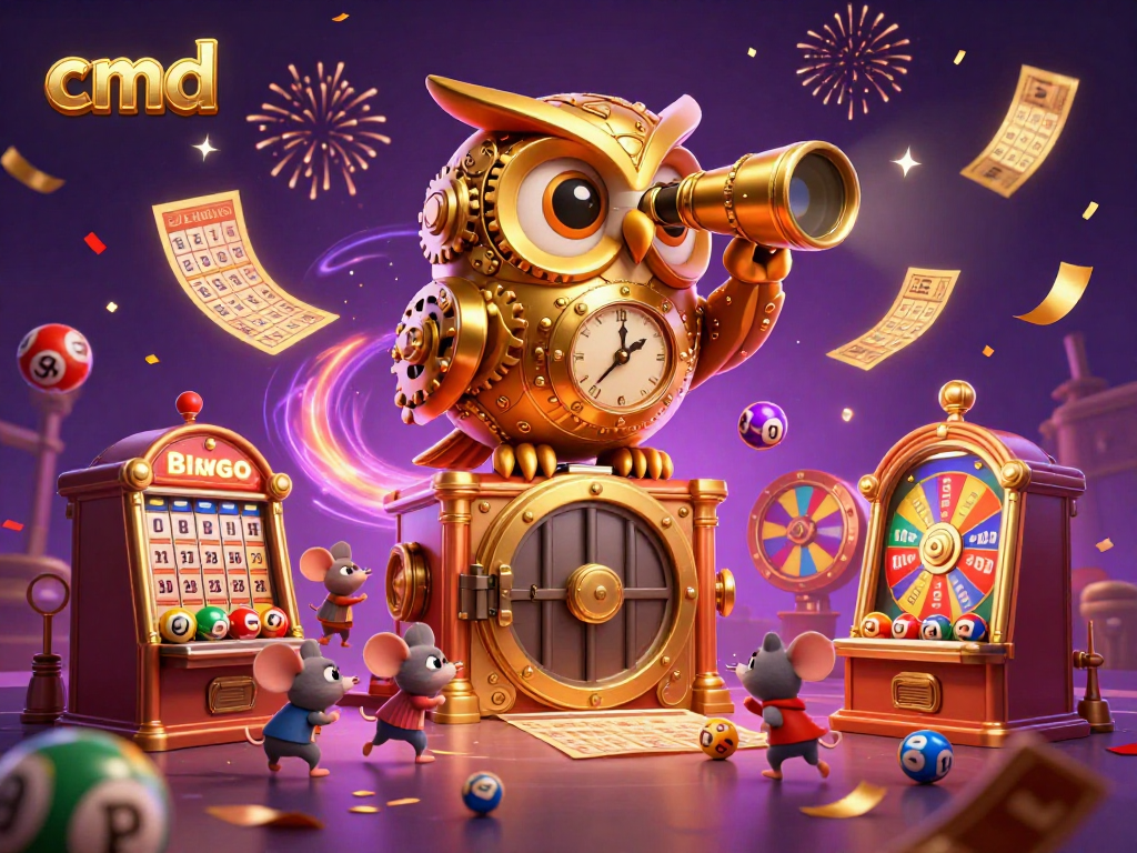 cmd reveals a festive casino atmosphere with a golden owl, lively mice, and colorful lottery elements.
