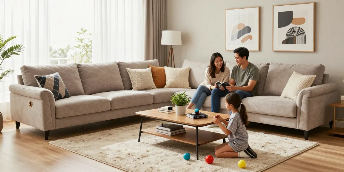 Cozy living room furniture setup featuring a sectional sofa and family activity, showcasing depo 5k decor.