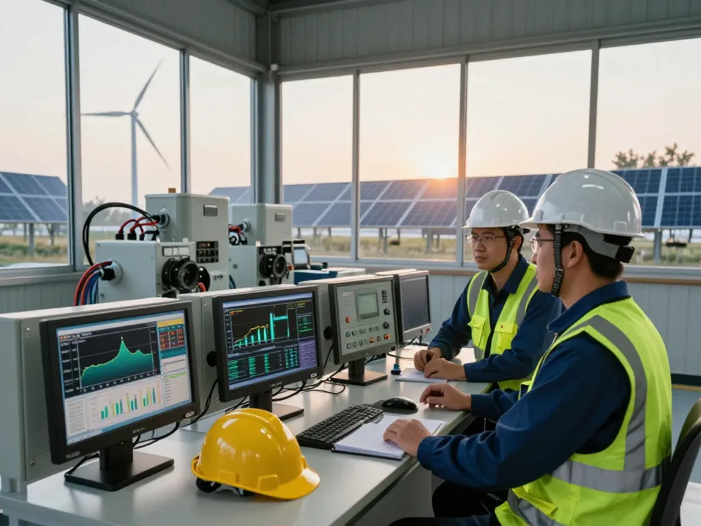 Engineers at a modern power generation facility examining data metrics related to Global Power production.