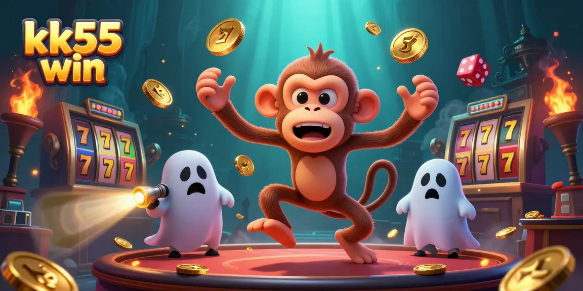 Experience the thrill of the kk55 win with a lively casino scene featuring playful characters and gold coins.