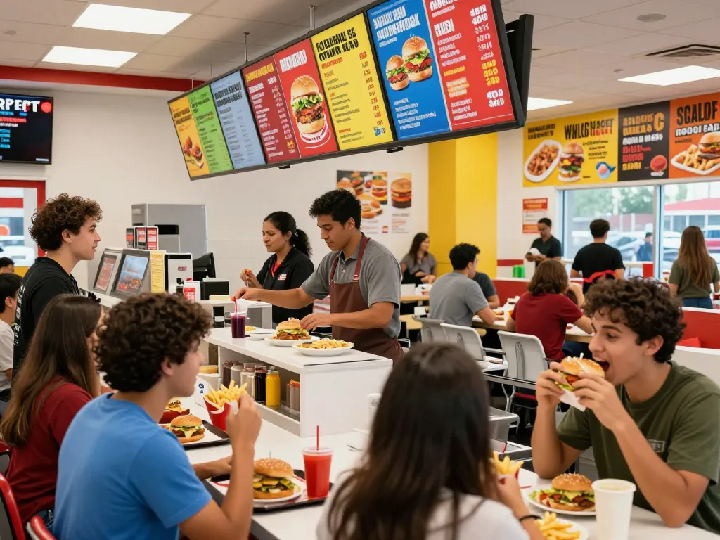 Fast food prices displayed in a lively restaurant with friends enjoying meals.