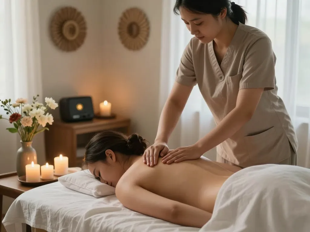 Relaxing 출장 massage session with a therapist in a serene environment, emphasizing wellness.