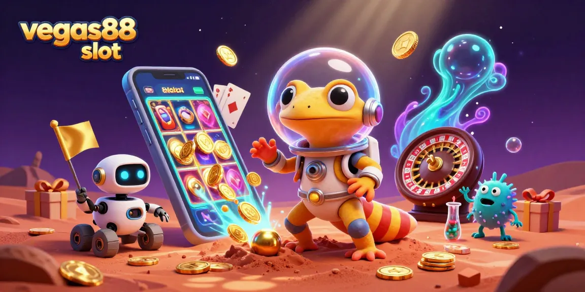 Menghadirkan pengalaman seru di vegas88 slot dengan ilustrasi 3D kartun Martian gecko di kasino emas di Mars.