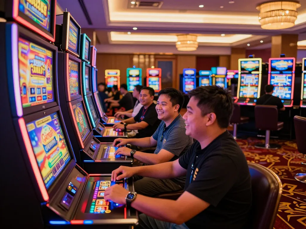 Players engaged in thrilling gameplay at slot gacor hari ini machines, celebrating wins and excitement in a vibrant casino atmosphere
