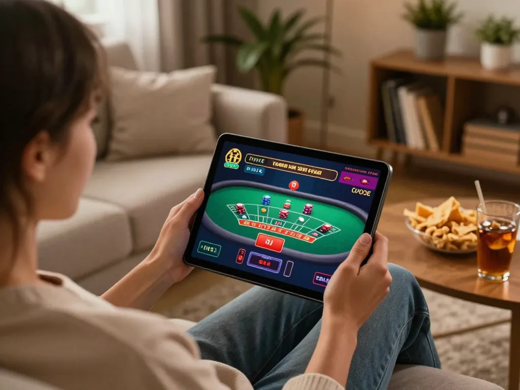 Player enjoying a thrilling live dealer game of 888vnd on a tablet, set in a cozy environment with strategic focus.
