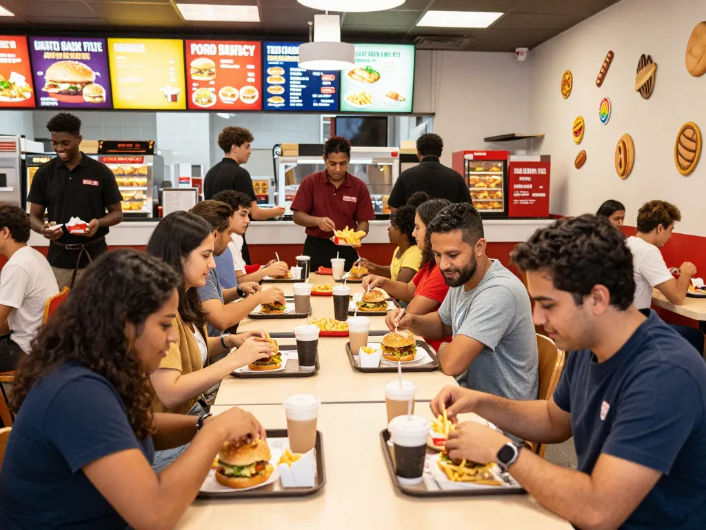 Customers enjoying meals in a fast food restaurant, highlighting fast food prices and vibrant atmosphere.