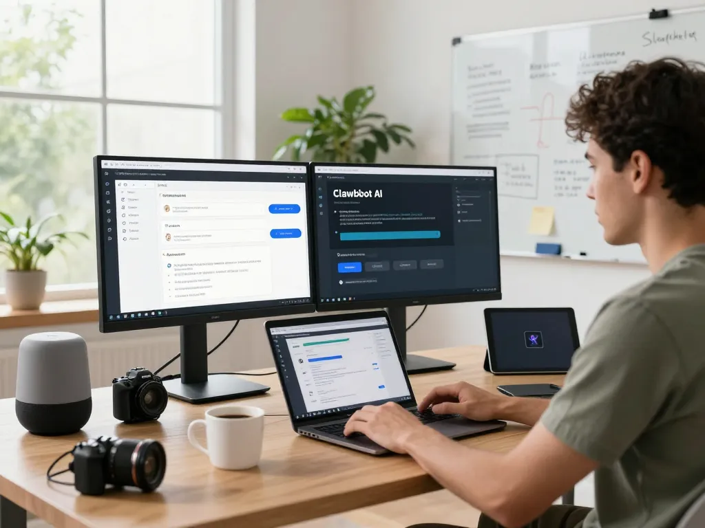 Developer interacting with Clawdbot AI in a dynamic home office, showcasing innovative automation tools and productivity.