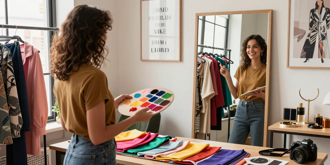 Consulenza di armocromia in un ambiente di moda luminoso con tessuti colorati.