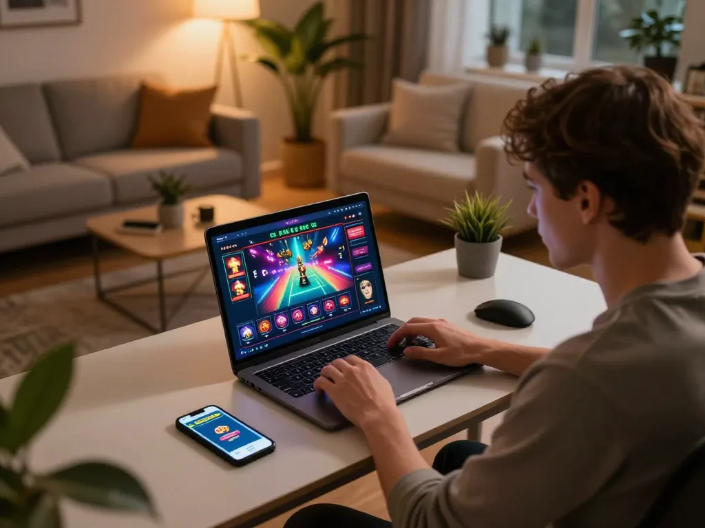 Engaged player using GO99 app on smartphone while enjoying online casino gaming setup at home.