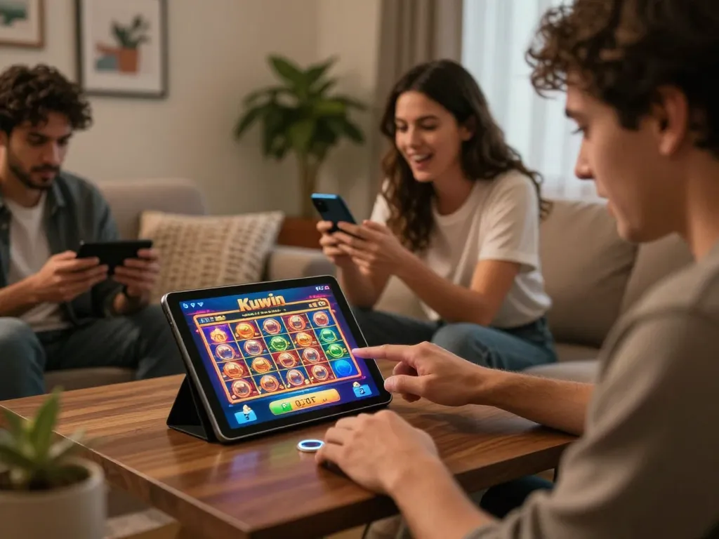Kuwin online players spinning a tablet casino game in a cozy home setting.