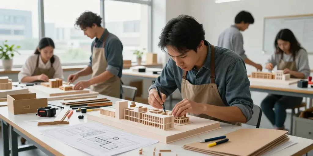 Präzise Modellbauer bei der Arbeit an einem Architektur Modellbau Dortmund in heller Werkstatt