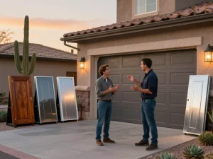 Expert garage door replacement Phoenix AZ consultation with homeowner and technician in a warm, inviting setting.