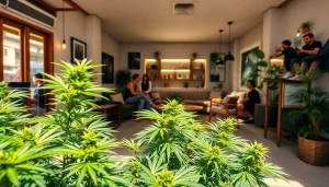 Explore cannabis clubs Lloret de Ma with a cozy, vibrant atmosphere featuring green plants and relaxed patrons.