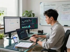 Professional in a modern workspace analyzing cryptocurrency on the IODeFi official website.