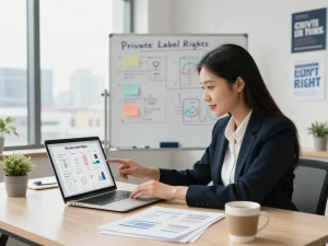 Buy Private Label Rights Products in a modern office setting with a professional reviewing digital catalogs.