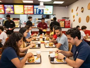 Customers enjoying meals in a fast food restaurant, highlighting fast food prices and vibrant atmosphere.