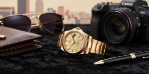 Showcasing luxury clone watches, focusing on a detailed Rolex clone surrounded by sophisticated accessories, embodying elegance.