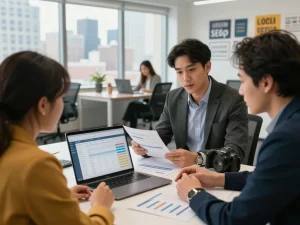 Local SEO NYC strategies discussed by business owner and consultant in a modern office.