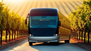 Enjoying a limo bus wine tour amidst beautiful vineyards, showcasing luxury and relaxation.