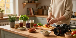 Kochen mit Gewürzen in einer gemütlichen Herbstküche mit frischen Kräutern und Gewürzen.