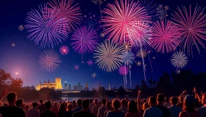 Spectacular manchester fireworks lighting up the night sky over a joyful crowd in Manchester.