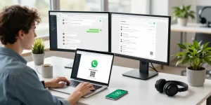 Efficient workspace showcasing WhatsApp網頁版 with dual monitors and laptop.