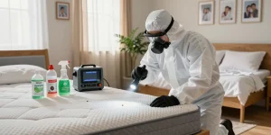Professional bed bug pest control inspection in a cozy bedroom, exterminator examining mattress seams.